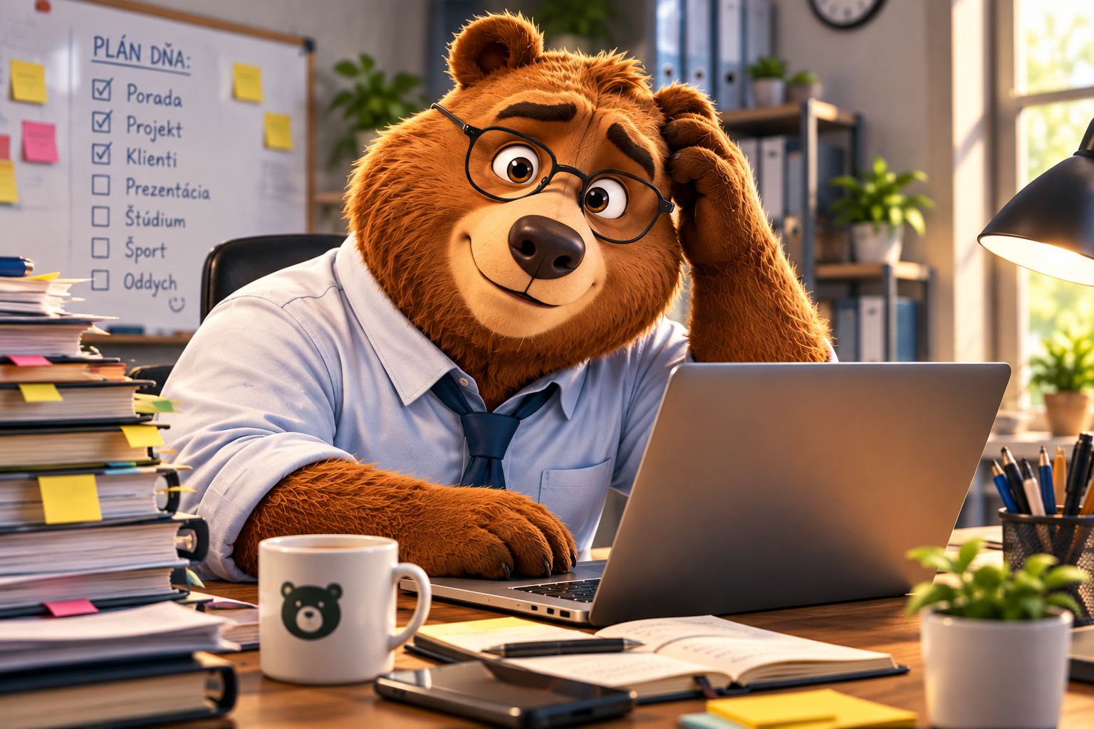 Maskot Medveď pri pracovnom stole plnom papierov a notebooku