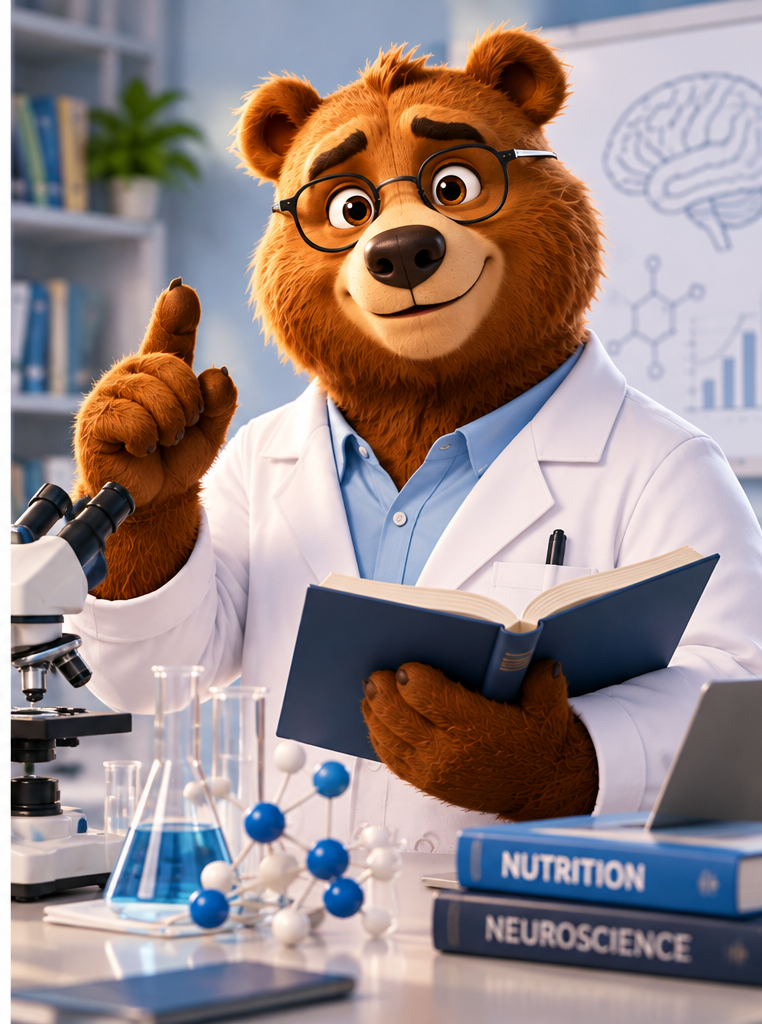 Maskot Medveď ako vedec v laboratóriu s knihou
