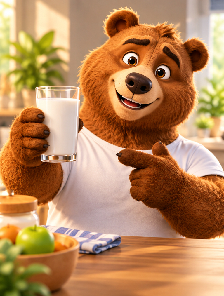 Maskot Medveď drží pohár mlieka